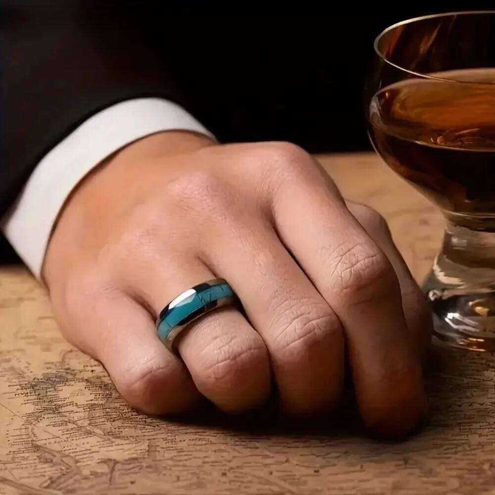 Hot Inlay Blue Turquoise Fashion 8MM Stainless Steel Rings for Men Women Wedding Engagement Band Jewelry Gift Dropship H260312