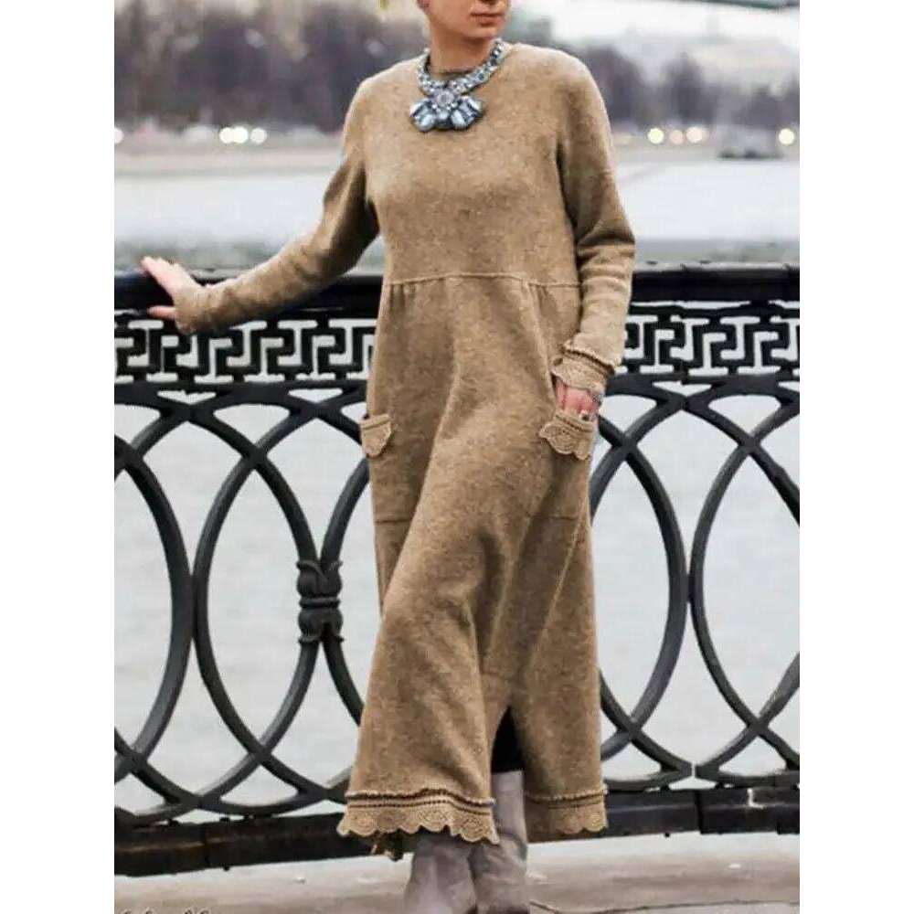 2024 Autumn Winter New Dresses For Women Flower Lace Edge Loose Maxi Dress Casual Long Female Solid Color Pocket Vestidos Z260314
