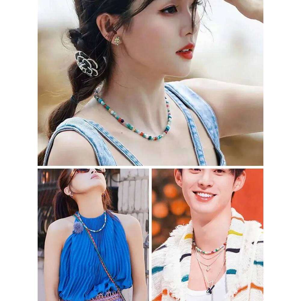 Imitate Colorful Natural Stone Beaded Necklace Women's Sweet and Fashionable Jewelry Set Elegant Accessories Neckchain for Girls H260312
