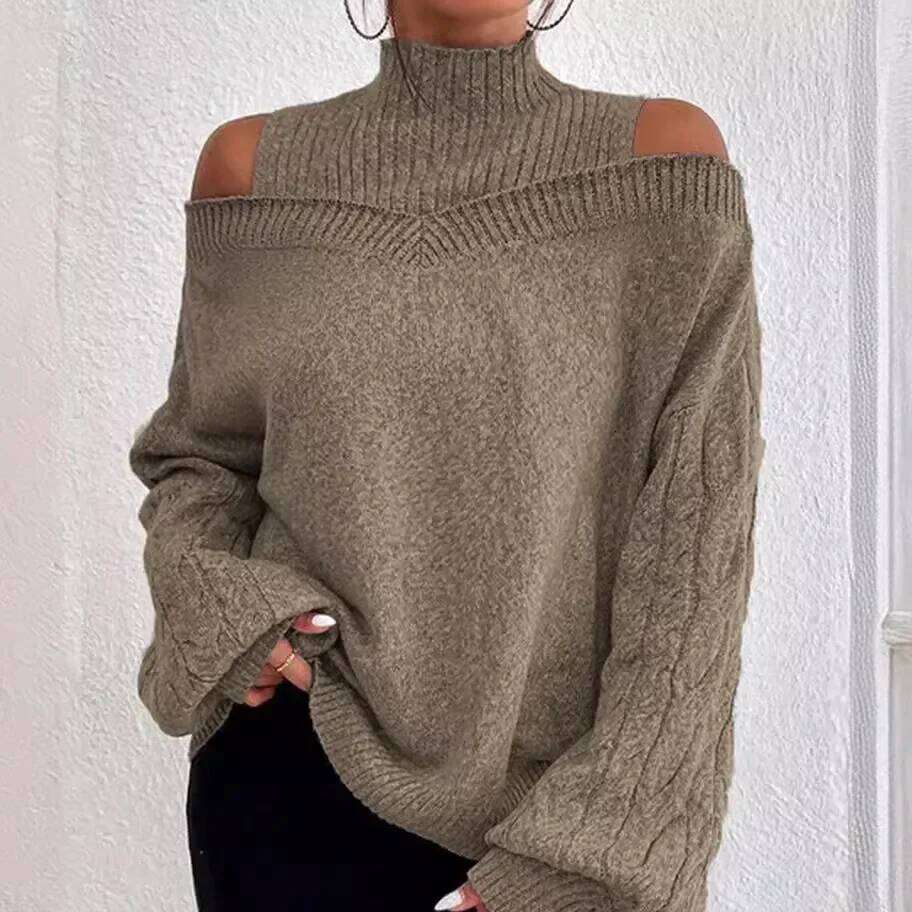 Mandylandy Off Shoulder Sweaters Semi-turtleneck Jumpers Pullovers Loose Large Long Sleeve Knitted Sweater for Women Z260313