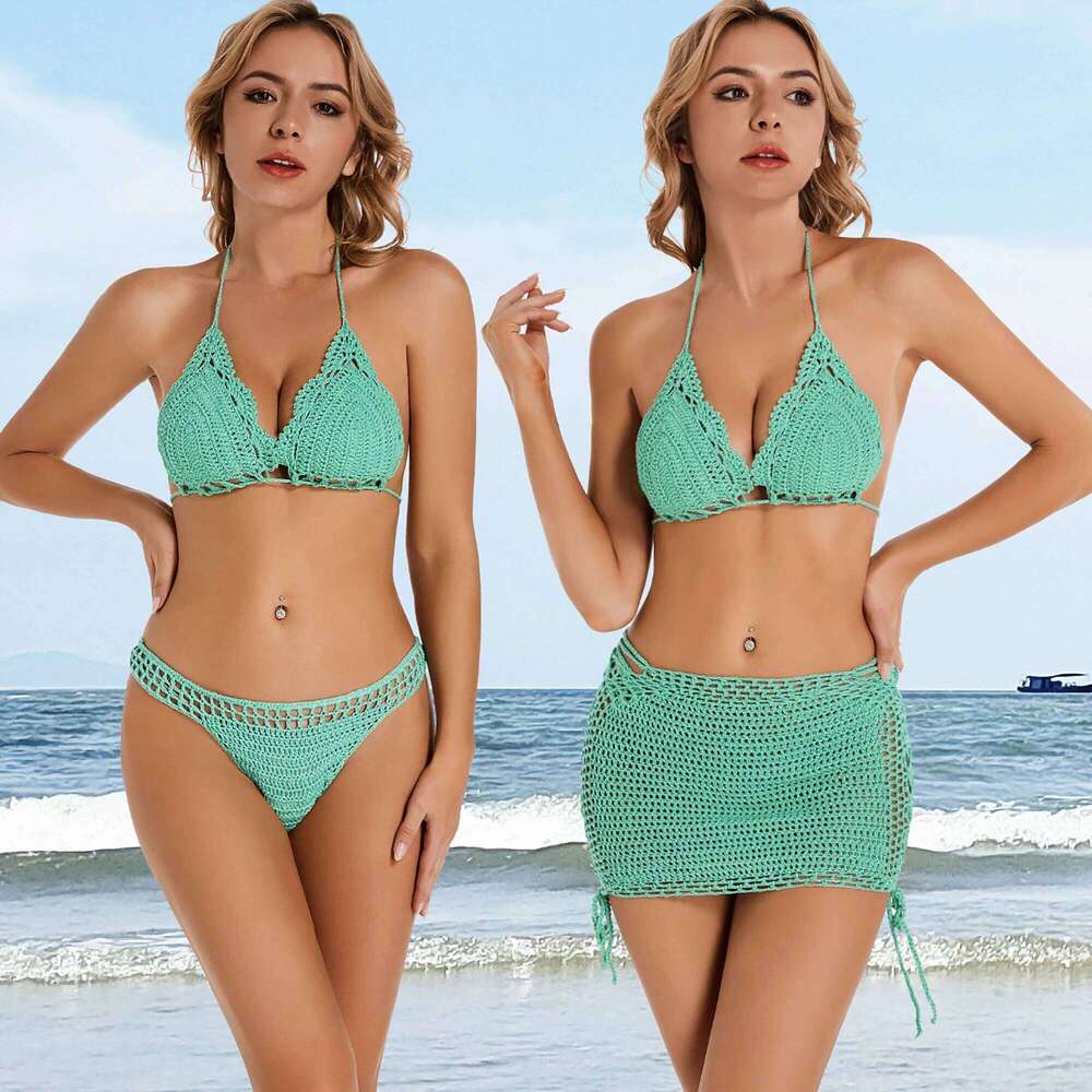 3 Piece Hand Crochet Beach Bikini Set Women Swimwear Cover UP Mini Skirt Swimsuit Suit Y260303