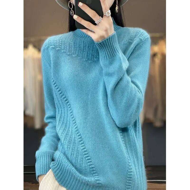 2024 Autumn New Loose Women's Semi-turtleneck Thickened Solid Color Simple Crochet Casual Knitted Sweater Pullover Top Z260313