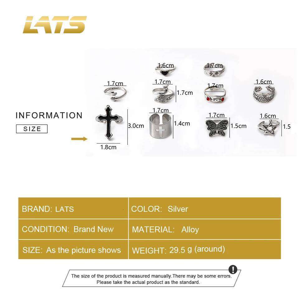 LATS Vintage Silver Plated Cross for Women Gothic Punk Steampunk Crying Face Butterfly Frog Ring Sets Party Fashion Jewelry H260312