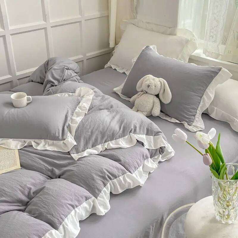 Korean Princess Style Duvet Cover Set No Filling Pink Blue Soft Washed Cotton Girls Favorite Ruffles Bed Linen Pillowcases H260312 - view 7
