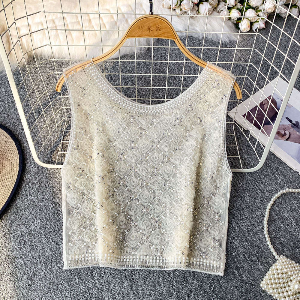 Designer European style high-end sequin bead round neck sleeveless women's vest with mesh and slim fit for spring and summer