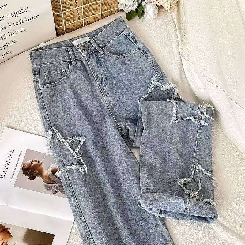 Five pointed star patch denim fashionable loose Korean Ins style spring and autumn new high waisted straight leg mop jeans Z260313