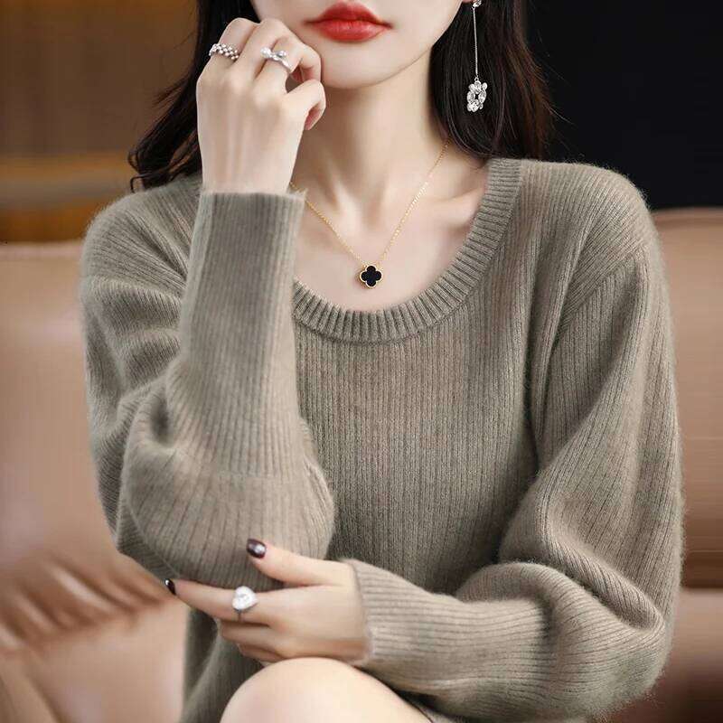 Autumn Winter 100% Mink Knit Long Skirt Women Scoop Neck Knee-length Dress Casual Warm Jumper Cashmere Base Shirt Top Z260314