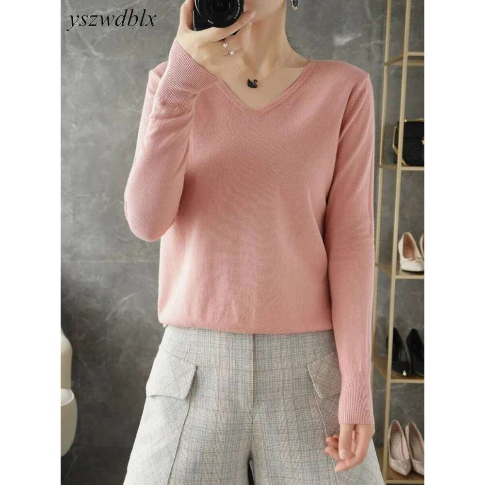 YSZWDBLX Womens Sweaters Spring Autumn V-neck Knitted Pullovers Loose Bottoming Shirt Cashmere Fashion Jumper Solid Pink Sweater Z260314