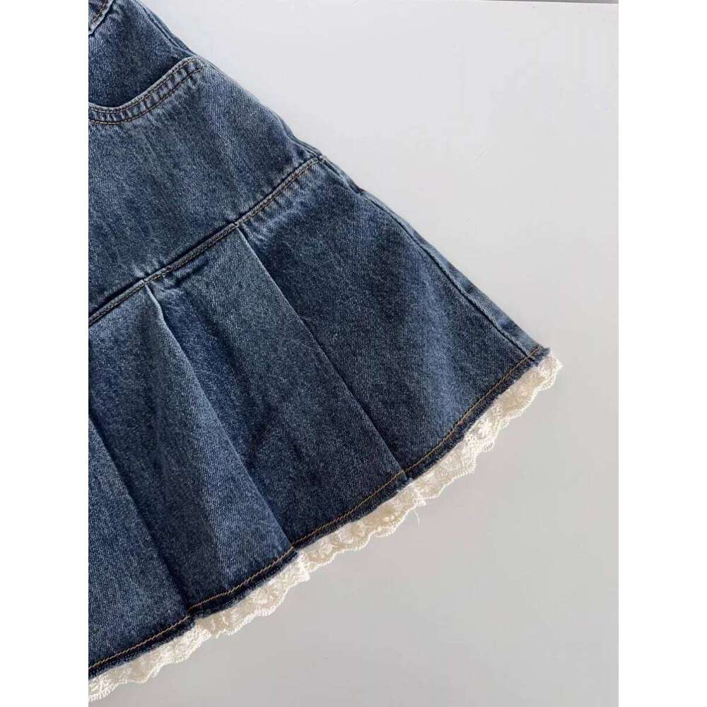Women Blue A-line Denim Vintage Aesthetic Y2k Patchwork Lace Jean Skirt Harajuku Korean Cowboy Skirts 2000s Clothes Summer Z260314