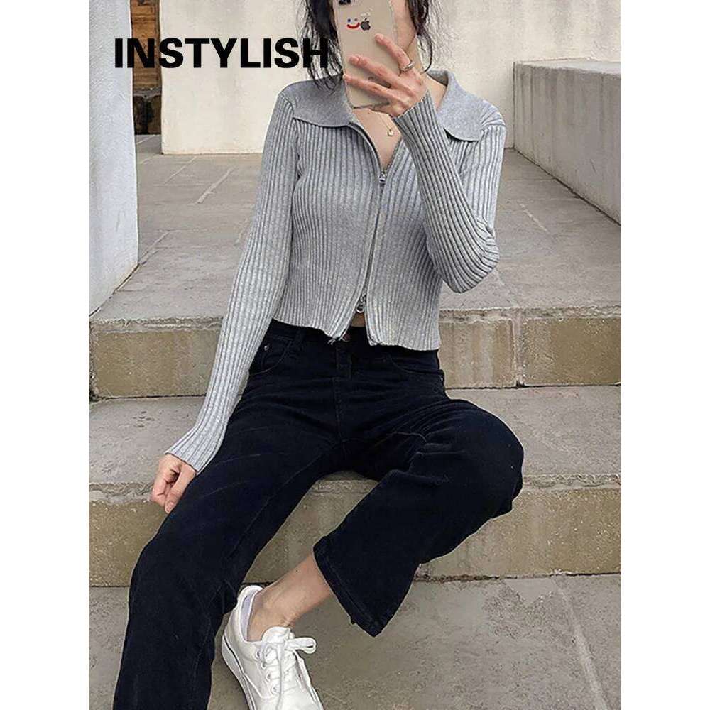 Elegant Korean Knitted Sweater Sexy Lapel Zipper Up Cardigan Women Vintage Harajuku Slim Coat Casual Ribbed Knit Cropped Tops Z260313