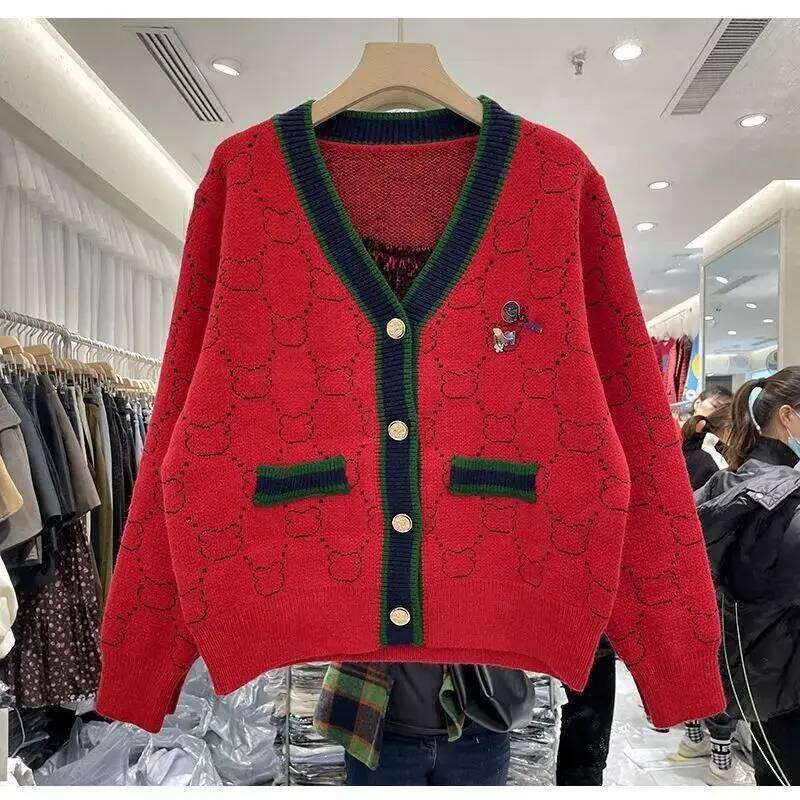 V-neck Embroidered Knitting Cardigan Coat Women Autumn Winter Fashion Loose Long Sleeve Sweater All-match Trend Knitwear Tops Z260313