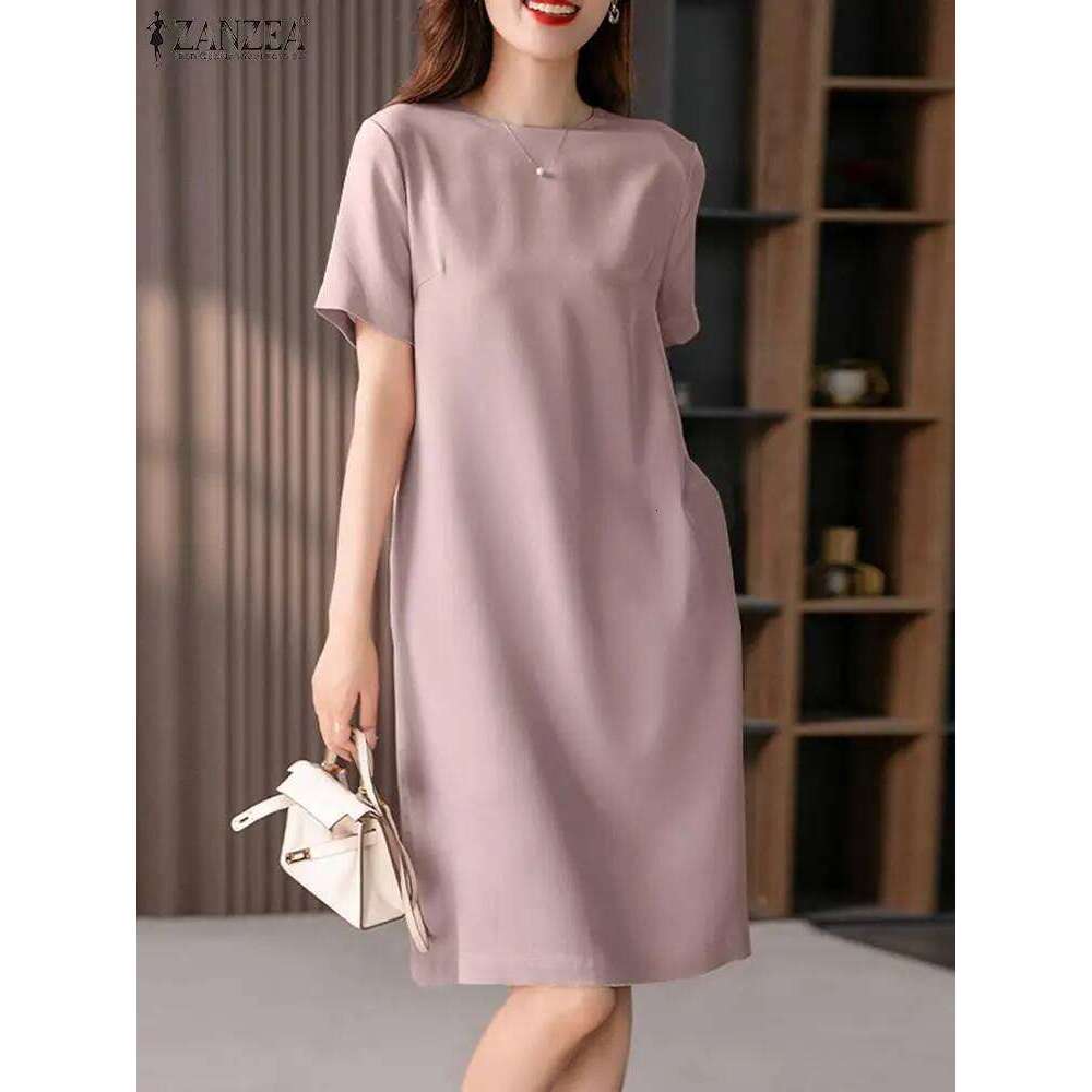 Summer Fashion Short Sleeve Dress ZANZEA Women Elegant OL Work Sundress Casual Solid Knee Length Robe Femme Party Vestidos Z260314
