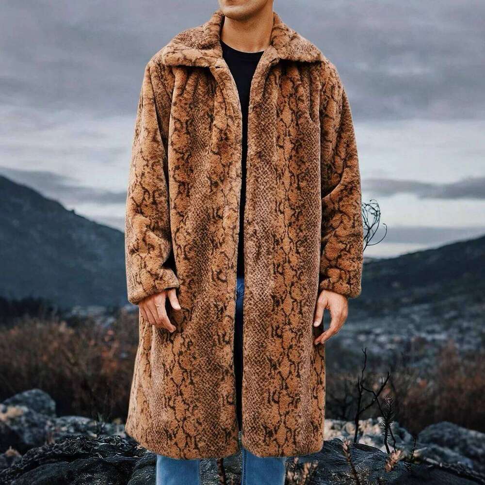 Men Faux Coats Leopard Fur Jackets Mid Length Long Sleeve Turn Down Collar Open Stitch Thick Loose Casual 2025 Autumn Winter Z260313