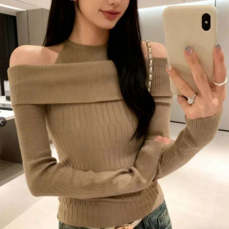 Unique Design Fake Two Piece Off Shoulder Long Sleeve Knitwear Womens Spring Autumn New Arrival Stand Alone Top Z260313