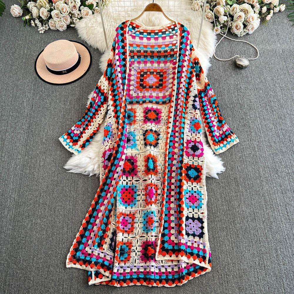 Designer ethnic style retro heavy-duty crochet hook design color blocked checkered knitted women's cardigan jacket
