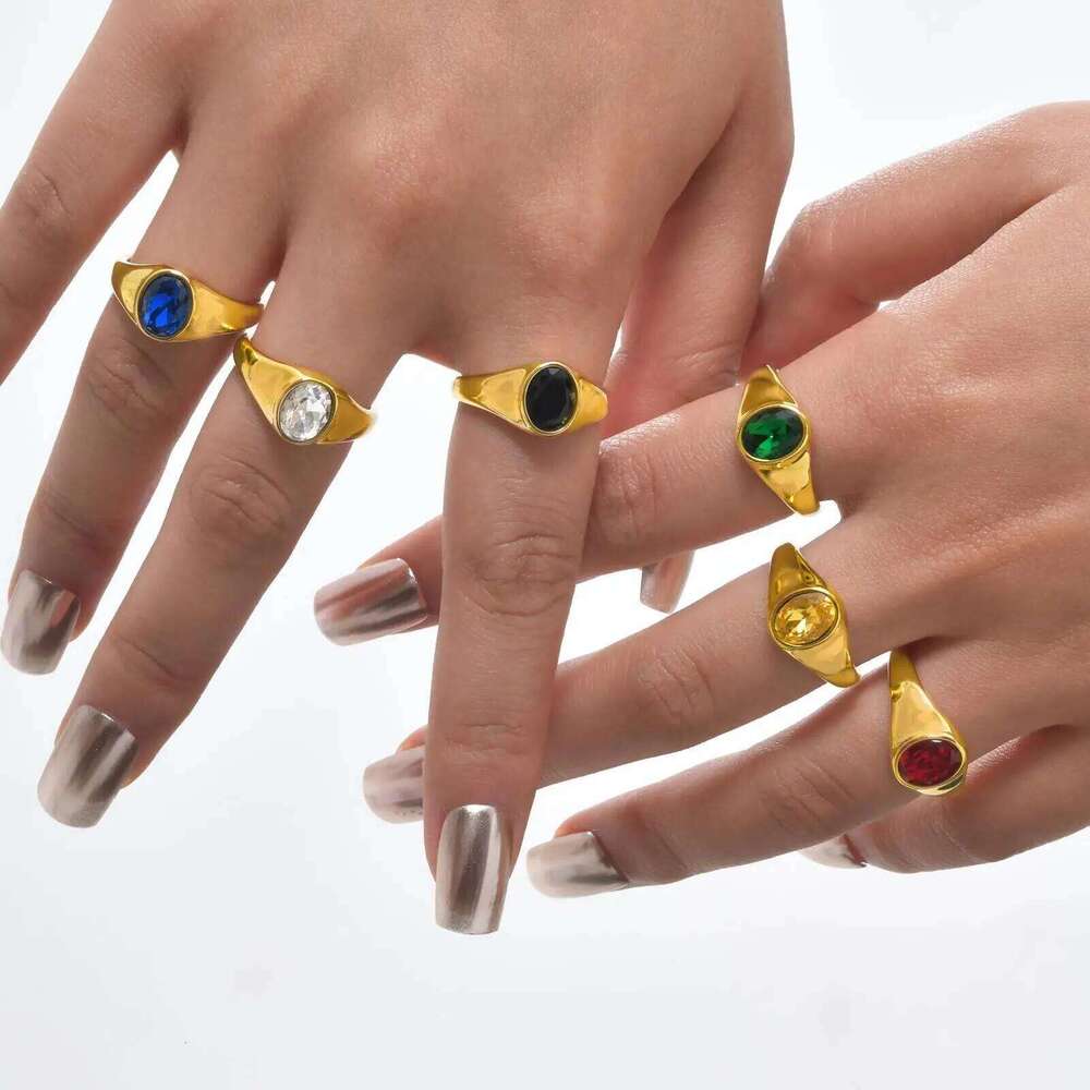 Vnox Minimalist Round Zircon Inlaid Rings For Women Men Stainless Steel Gold Color Elliptical Stone Ring Jewelry Never Lose H260312