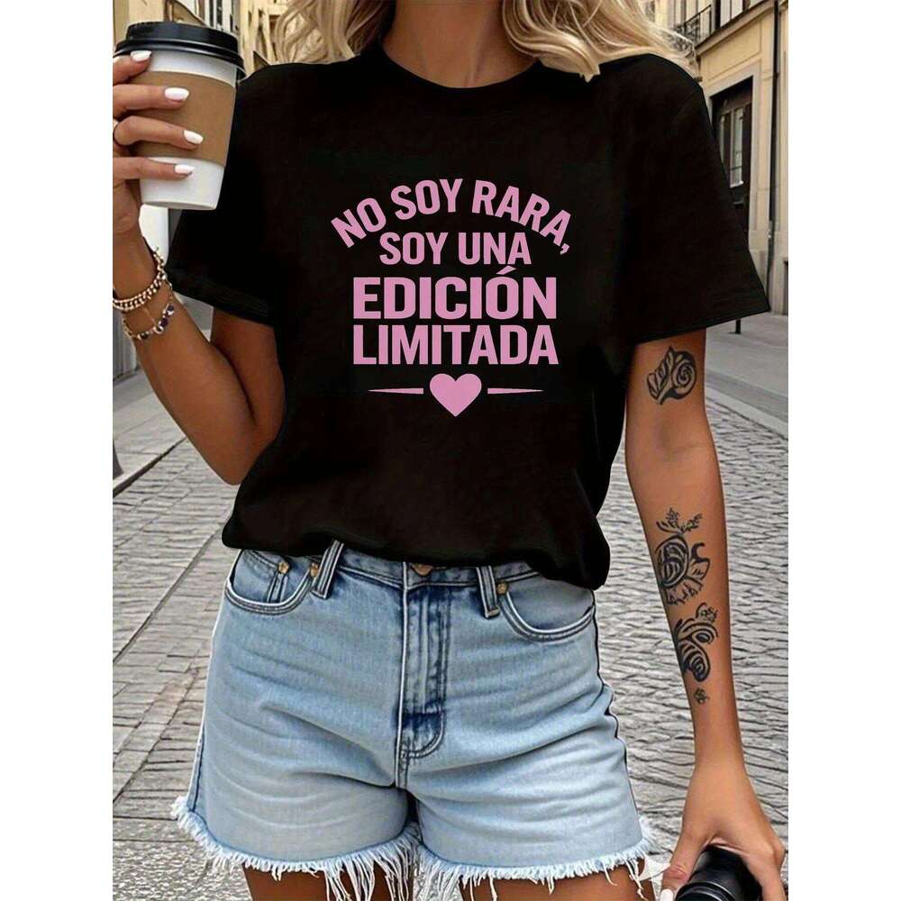 Women's T-shirt Short Sleeve NO RARA SOY UNA EDICIN LIMITADA Spanish Letter Print Crew Neck Casual Top For Summer & Spring Z260314