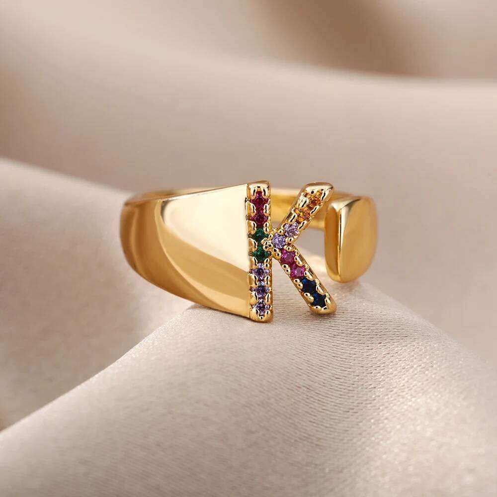 Rainbow Zircon Rings For Women Fashion Chunky Wide Letter A-Z Stainless Steel Ring Wedding Boho Jewelry Gift 2025 H260312
