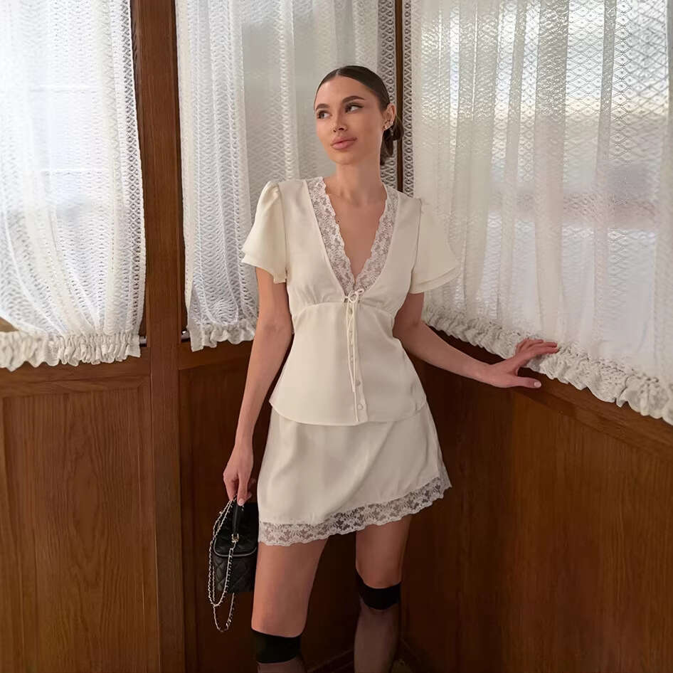 European And American Women S Fashion Set New Spring Summer Cross Border Style Satin Imitation Silk Lace Patchwork Waist Cinching Short Sleeve Skirt M