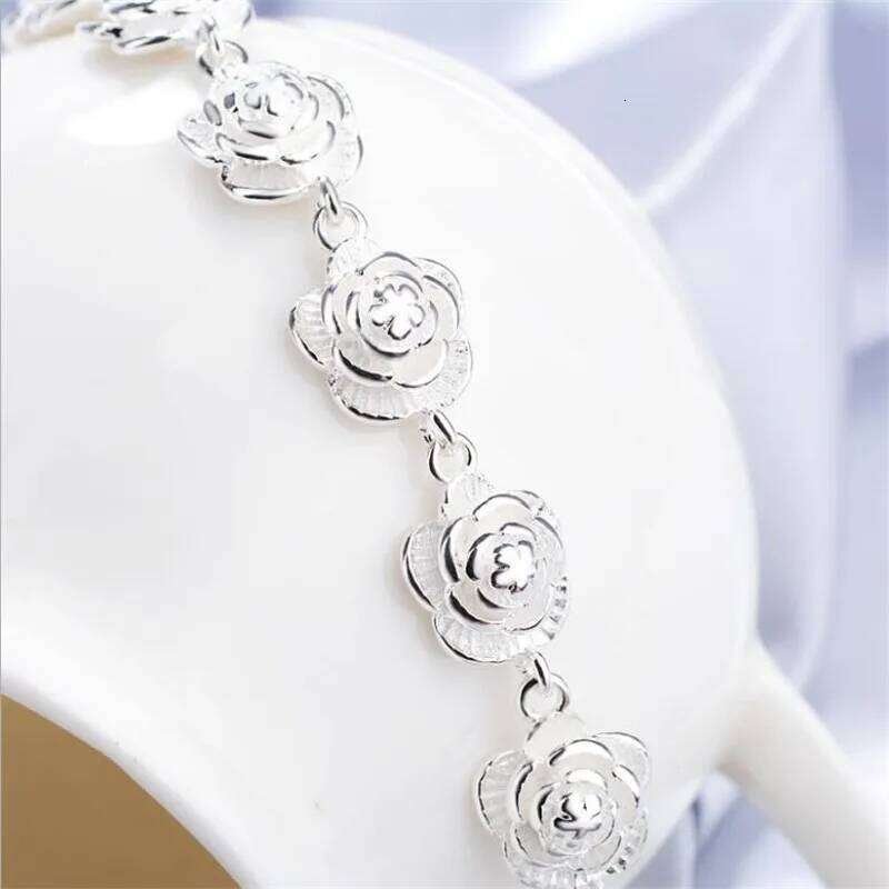Charm 925 Sterling Silver Rose Flower Chain Bracelet For Women Fashion Pretty Party wedding accessories gift fine luxury Jewelry Z260313