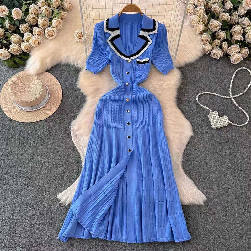 2026 designer European and American women's knitted short a24 sleeved dress with slit and long skirt for elegant commuting