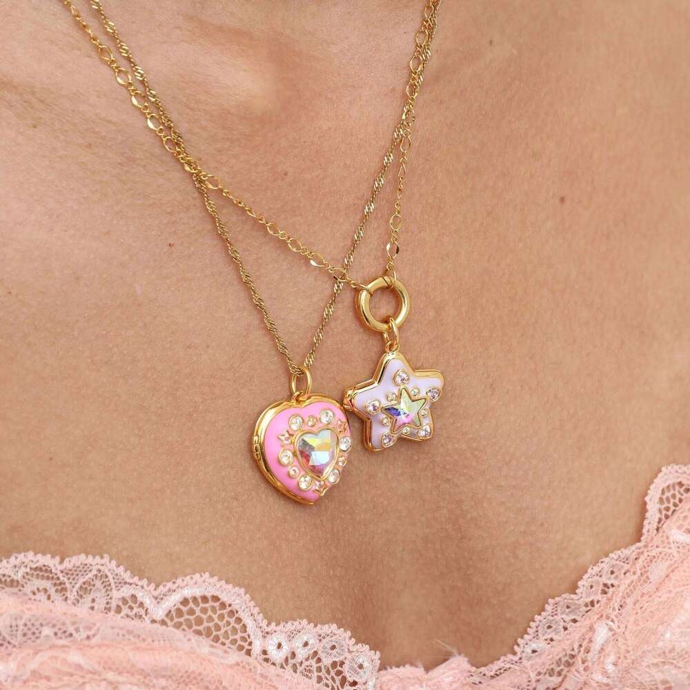 Pink Drip Glaze Heart-shaped Star Photo Locket Necklace Colorful Crystal Openable Pendant Necklaces Women Memorial Jewelry Gifts H260312