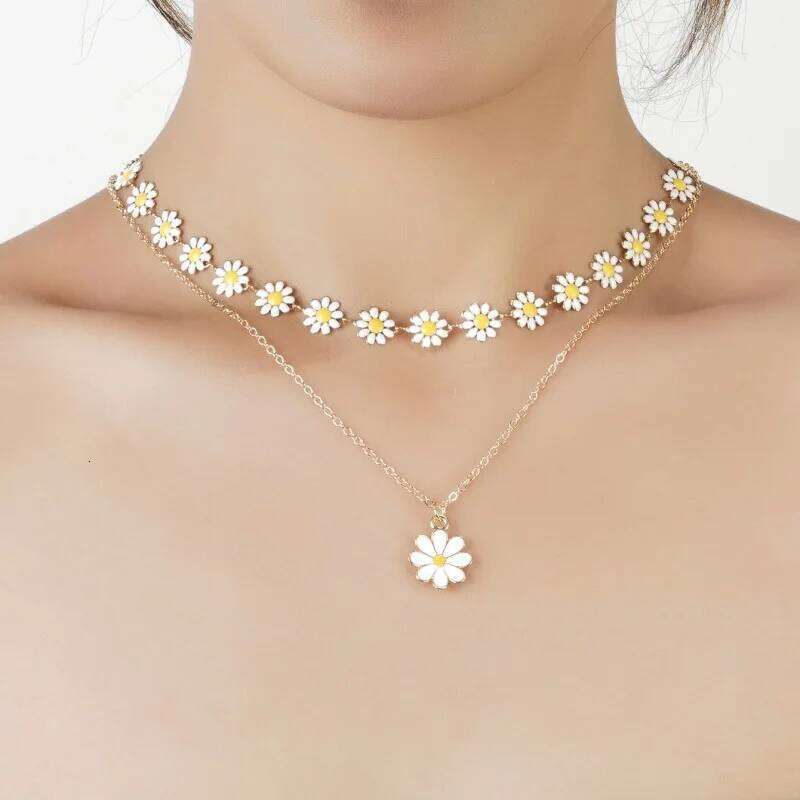 New Double Layer Daisy Flower Clavicle Necklace for Women Korean Butterfly Evil Eye Choker Wedding Neck Chain Jewelry Gift H260312