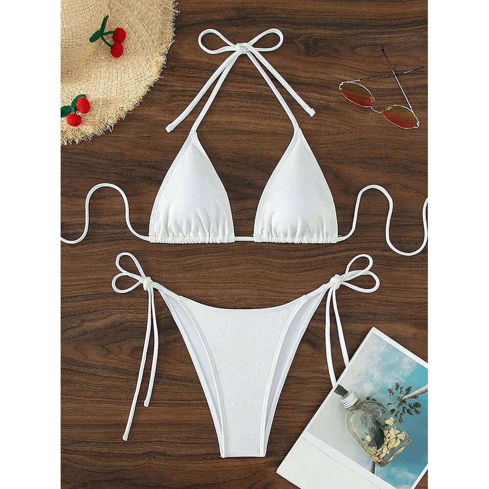 Summer white pure simple front-tie bikini swimsuit set 26H0313