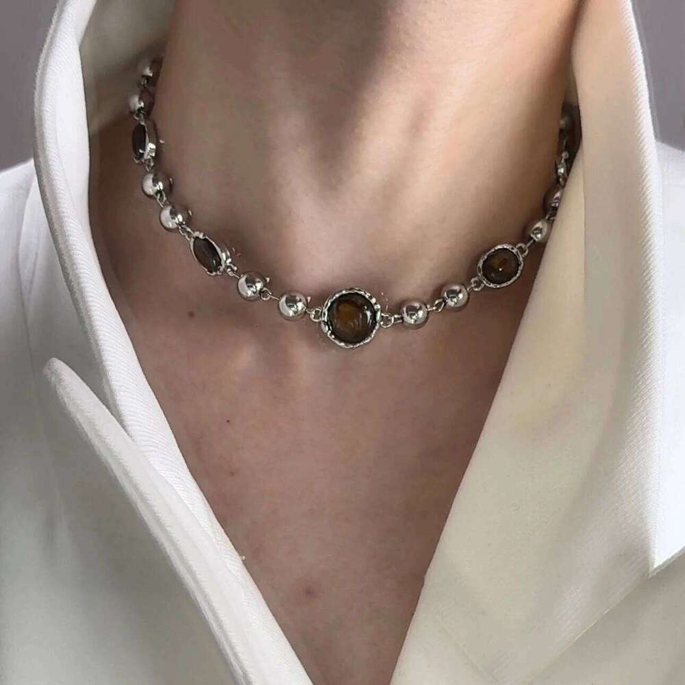 Fashion Brown Bead Vintage Beaded Necklace for Women Girls Clavicle Aesthetic Jewelry Sweater Chain Metal y2k Accessories H260312