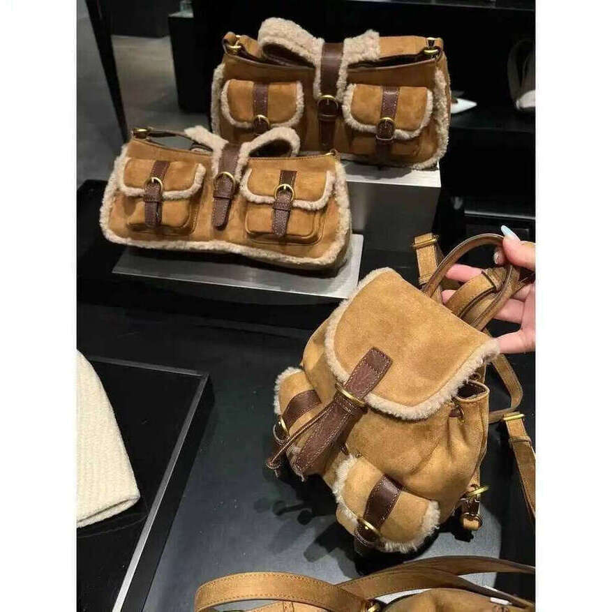 OLOEY Women Retro Imitation Suede Pocket Backpack Versatile Lamb Wool Double And One Shoulder Autumn Winter New Khaki Handheld Bag Premium Backpack