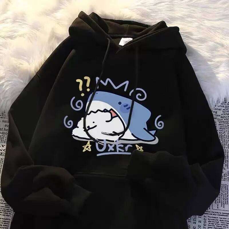 Cartoon Shark Print Couple Hoodie Women Men Autumn Winter New Oversize Cotton Plush Sweatshirt Pullover Y2K Tops Warm clothing Z260314