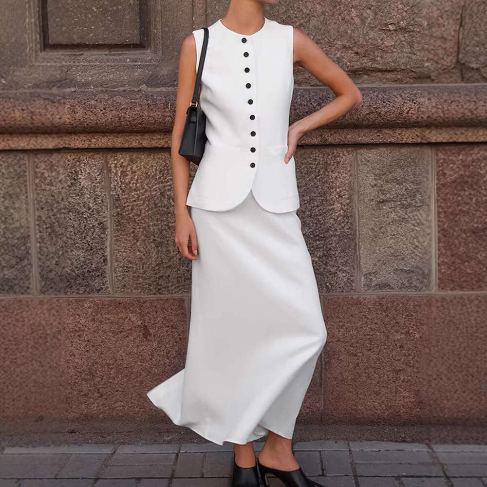 Spring Old Money Style Vest Suit Cross Border Fashion White Top And Long Skirt Two Piece Set Designer Women S Clothing MAKOUFEI