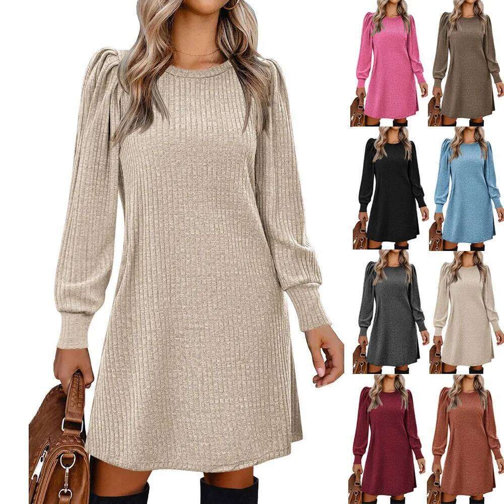 Women's Fall Winter Ribbed - Mock Neck Long Bubble Sleeve Dress for Date Night and Casual Elegance Z260314