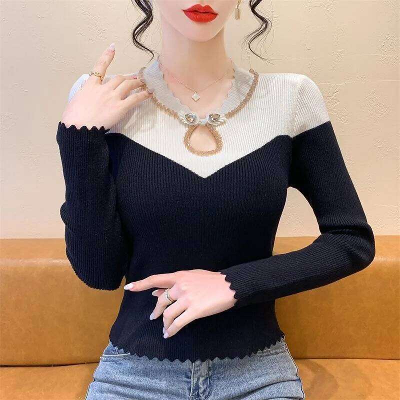2025 New Color-blocked Knitted Slim Fit Sweater Bottoming Long-sleeved Autumn and Winter Top Z260313
