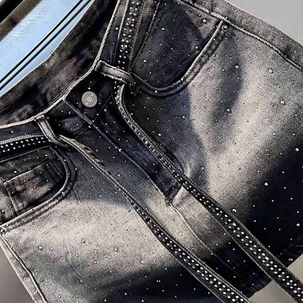 Oversize Retro Denim Mini Skirt for Women Summer High Waist Shiny Rivet Slim Gradient Black Grey Jean Skirts Z260314