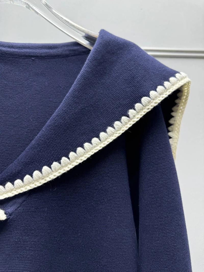 Women's Sweaters Fashion Autumn Winter Knitted Sweater Dark Blue Long Sleeve Slim Fit Elegant Lady Crochet Trim Sailor Collar Pullover