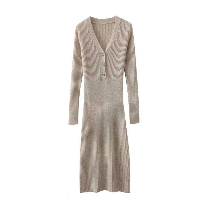 Women 100% Merino Wool Mid-Length Sweater Autumn Winter V-neck with Buttons Pullover Bottoming Knitwear Lady Slim Dress Z260313