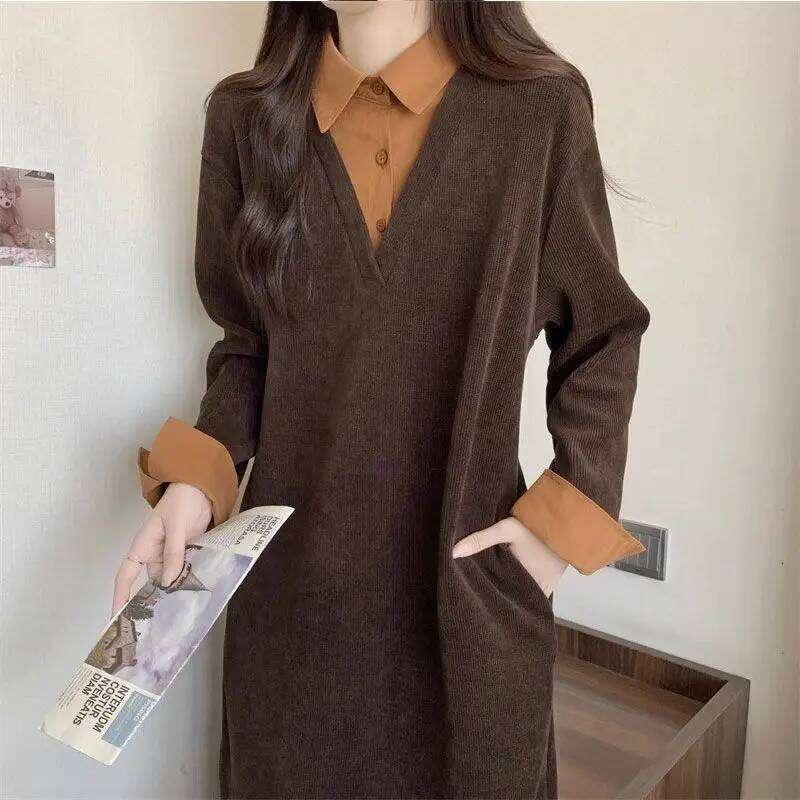 Design Sense Fake Two Items Women Autumn Lazy Wind Panelled Turn-down Collar Shirt Patchwork Loose Temperament Midi Dress Z260314