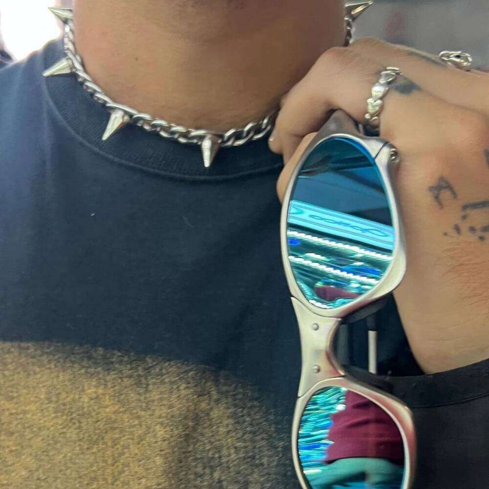 Retro Punk Silver Plated Cuban Chain Spiked Rivet Collar Necklace for Women Men Unisex Grunge Goth Choker Y2K Jewelry H260312