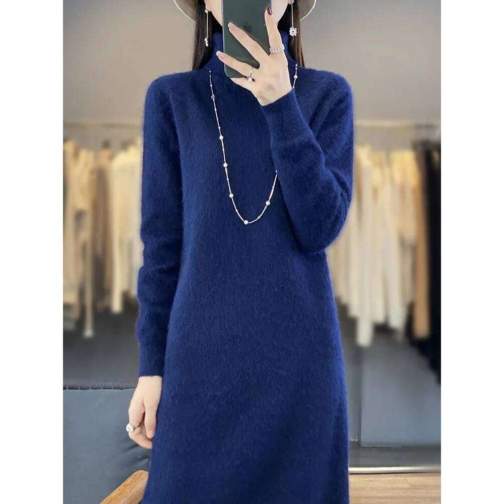 Aliselect 100% Mink Knitted Women High Lapel Fasion Sweater Pullover Turn-down Collar Cashmere Knee Length Dress Z260314