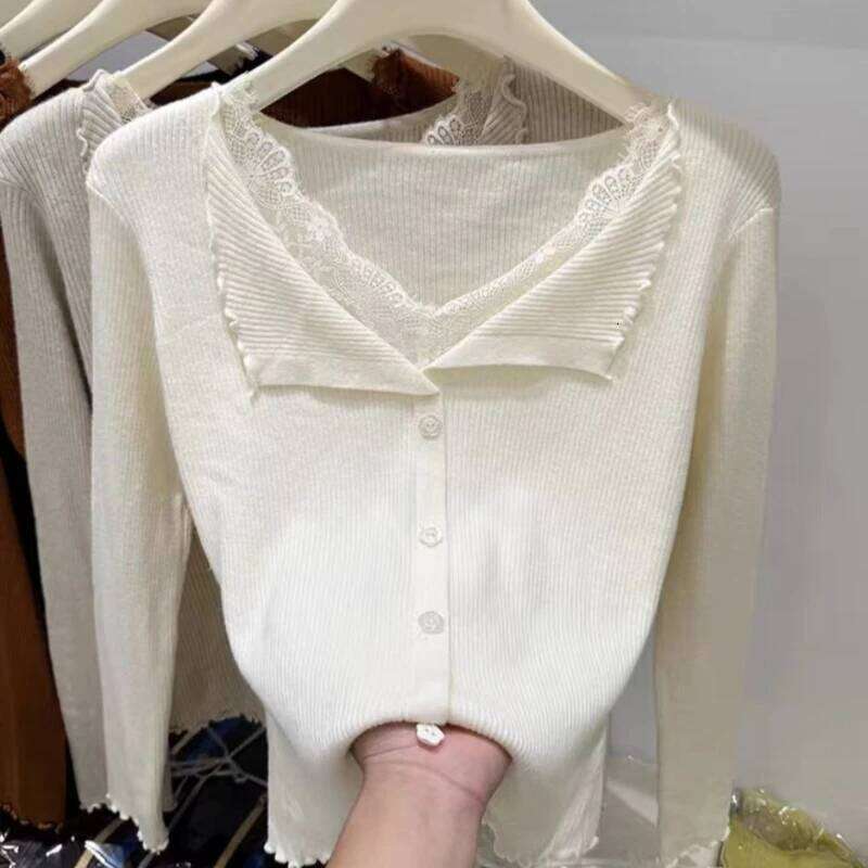Fashion Slim Long Sleeve Single Breasted Cardigan Women's Knitted Sweater Autumn Winter Casual Lace Splice V-neck Women Sweaters Z260313