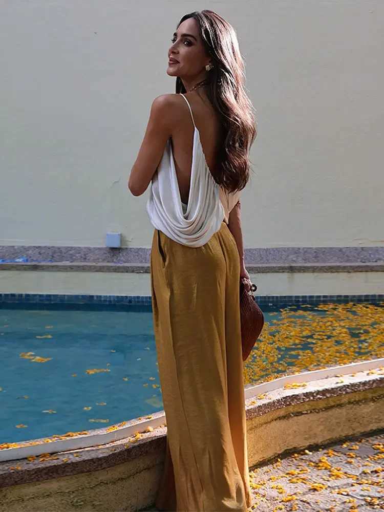 Elegant Women Vest Pants Set Solid Sling V-neck Backless Tops Belt Zipper Wide Leg Long Trouser Lady Suit Summer Chic Streetwear M260313