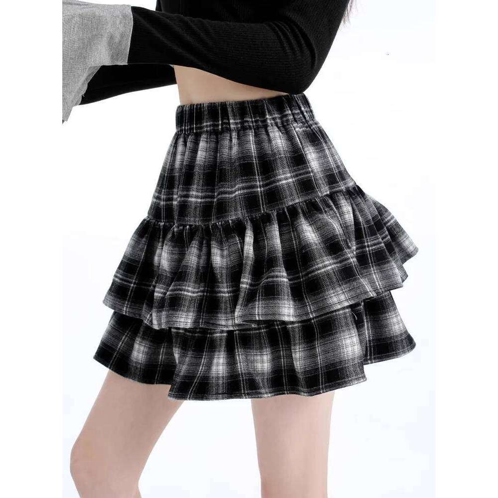 Plaid Mini Skirts Women Autumn Winter Color-block Tierred Ruffles Elastic Waisted A-line Cake Skirt Streetwear Korean Style Z260314