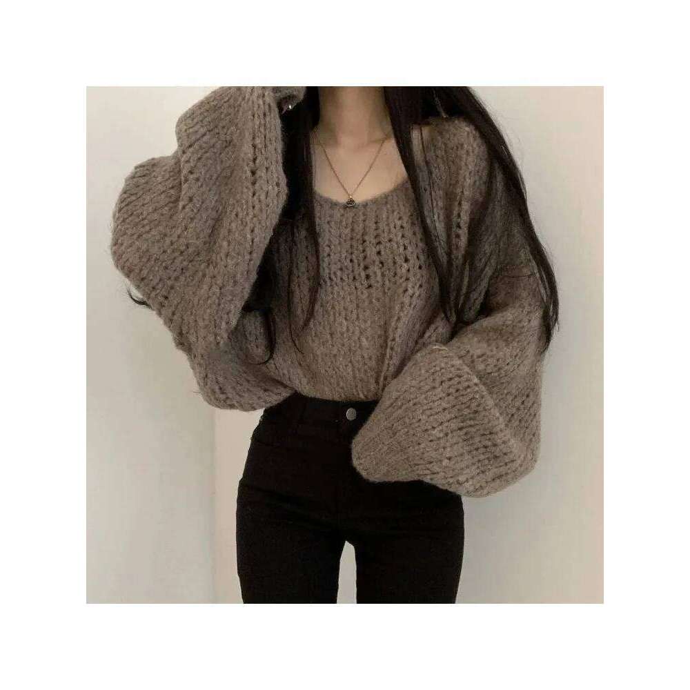Autumn sweet sweater with hollow-out design, loose pullover for women, casual round neck long-sleeved knitted top Z260313