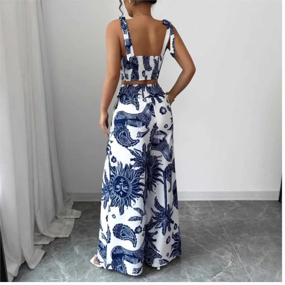 Sexy Strapback Halter Tops Long Pants Female 2-piece Set Summer Fashion Printed Wide-leg Pocket Trousers Elegant Womens Suit M260313