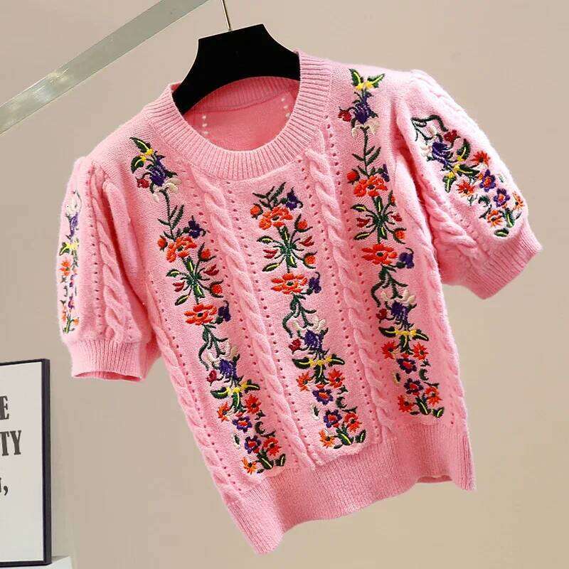 Vintage Elegant Embroidered Knitted Sweater Tshirt Women Summer Puff Sleeve O-neck Tops Pullovers Stylish Fashion Chic Knitwear Z260313