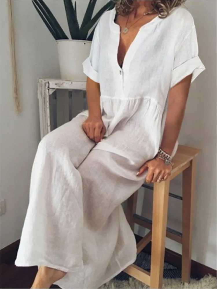 Summer Casual Loose Cotton Linen Short-sleeved Womens Dress Fashion O Neck Button White Home Wear Holiday Dress Female 2026T260314