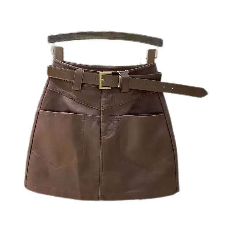 High waisted half body women's autumn winter new A-line retro PU short skirt, coffee leather skirt Z260314