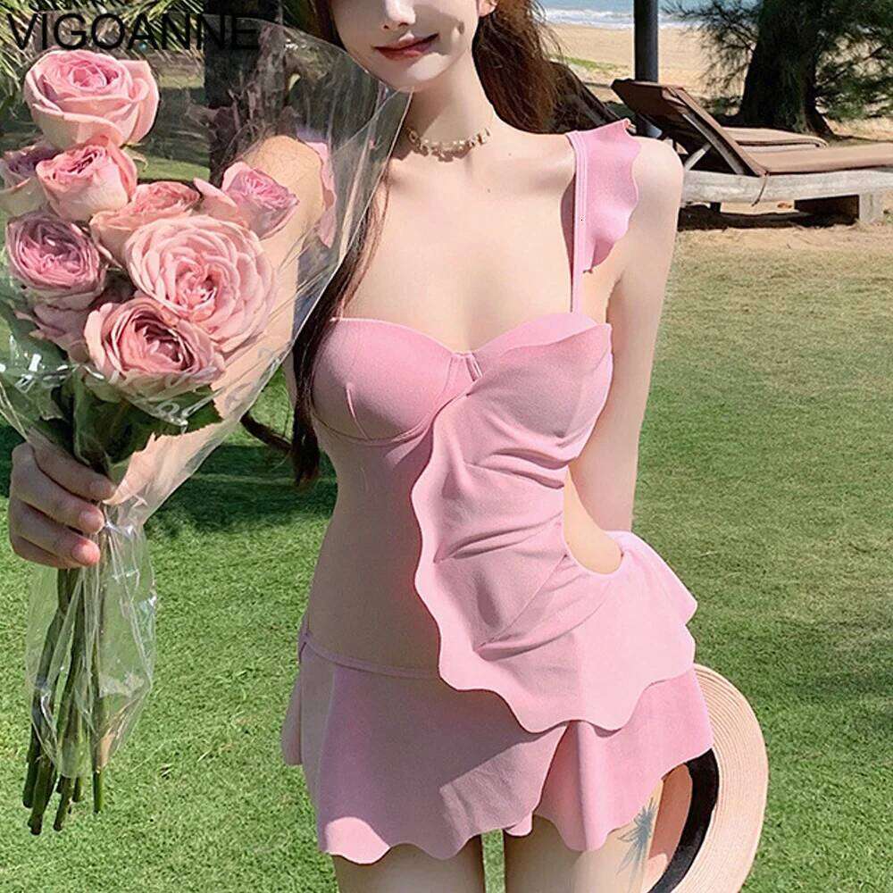 VigoAnne Pink Verge Dress Swimwear Women 2026 Strapped Hollow Push Up Swimsuit Korean Monokini Backless Bathing Suit 26H0313