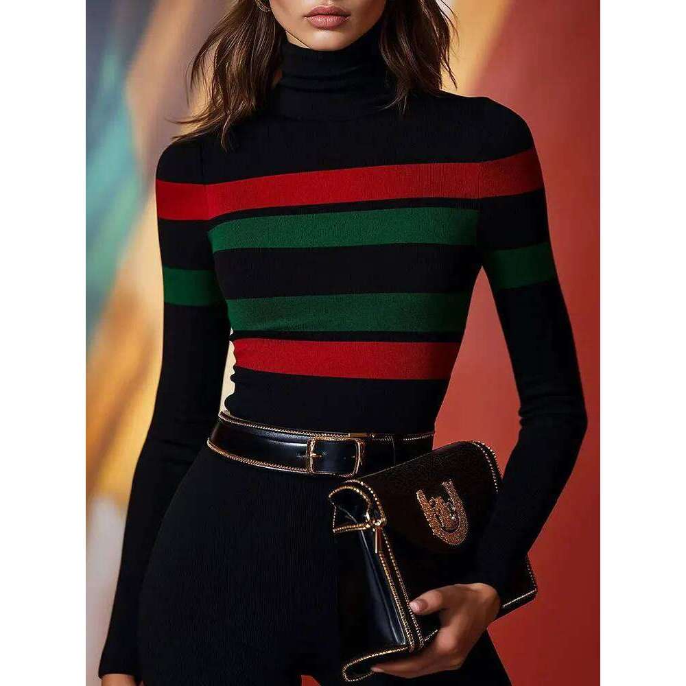 New Casual Vivid Stripes Bold Turtleneck Top Fashion Items Women Sweater Slim Autumn Winter Long Sleeve Pullover Base Layer Z260313